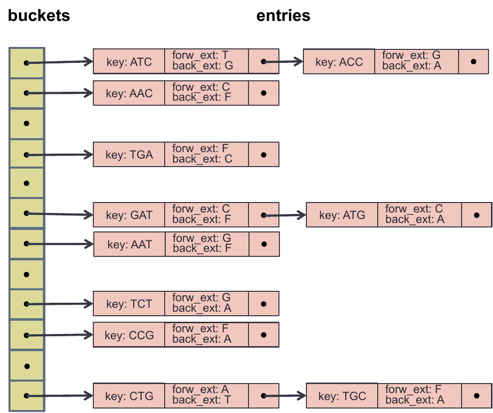 The de Bruijn graph of Figure 2 stored in a hash table with separate chaining for resolving collisions in the buckets.
